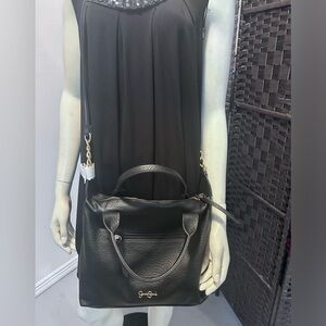 NWTJessica Simpson black faux adjustable satchel with gold key chain and accents